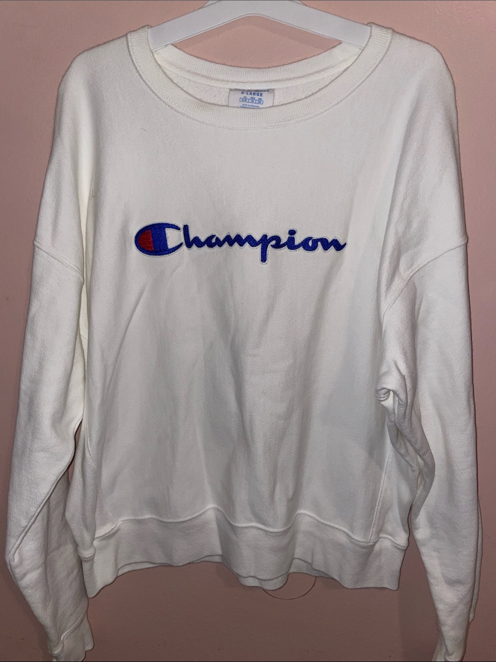 Champion White Crew Sweatshirt with Blue Logo and Red Accent